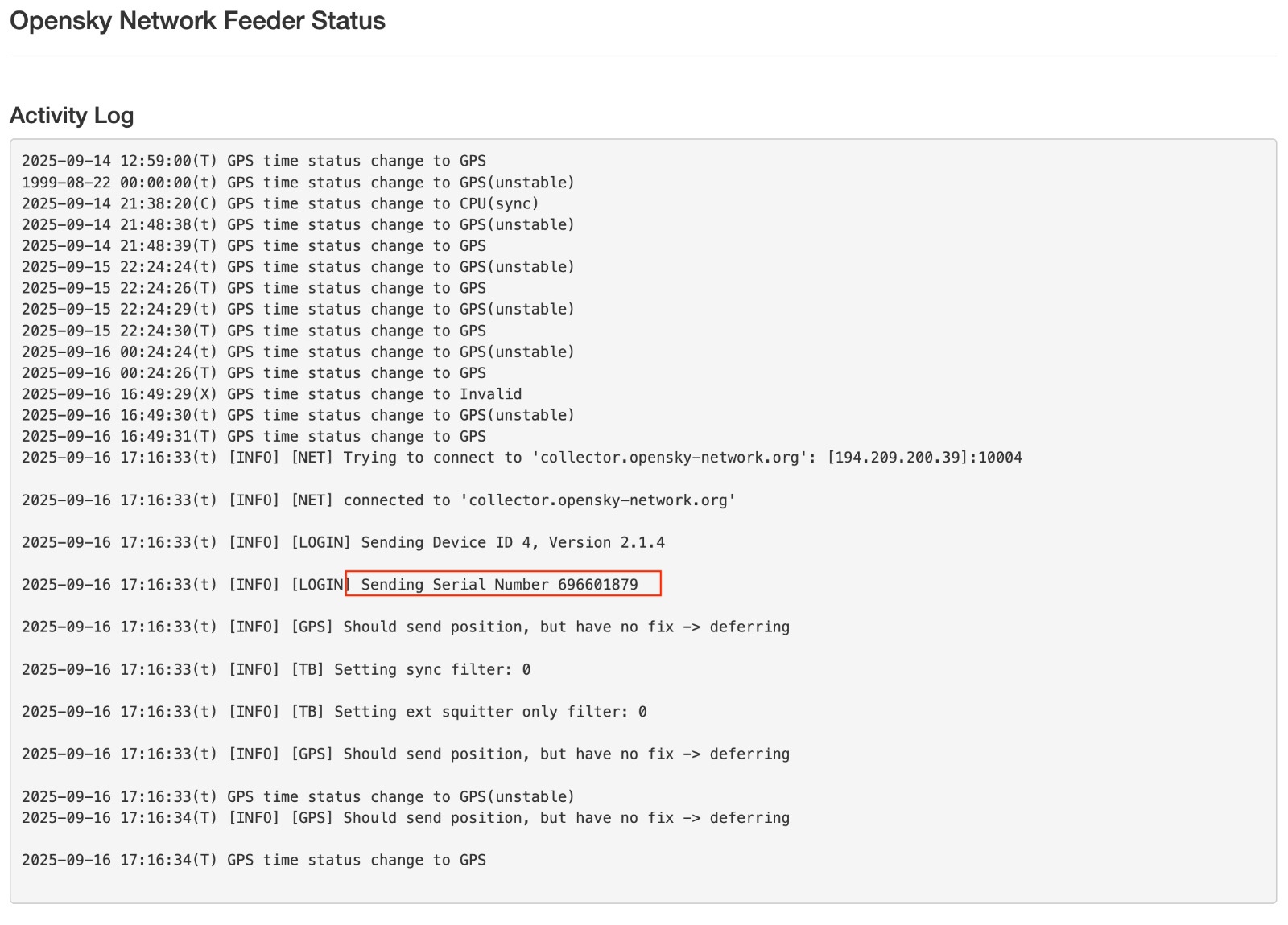 Radarcape status page showing serial number