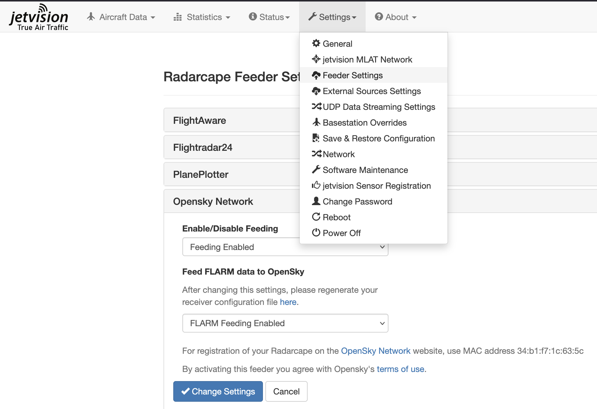 Radarcape feeder settings screen